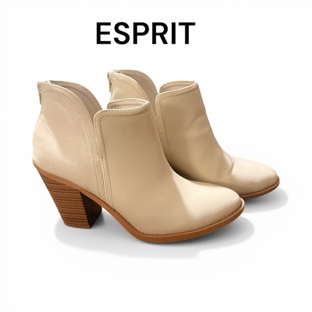 Esprit Kendall Cream Leather Ankle Booties with Stacked Heel